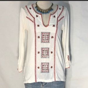 Lucky Brand jersey Kurta style shirt w/embroidery, crocheted lace & brass beads